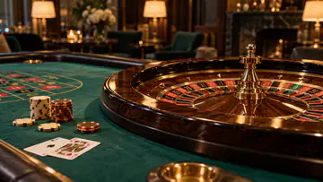 A roulette wheel and cards on an emerald gaming table